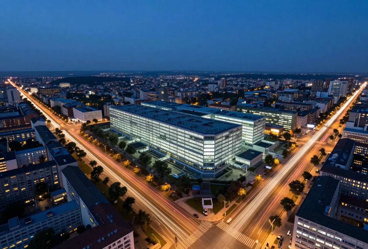 Nächtliche Luftaufnahme einer Stadt mit Lichtspuren, die zu einem großen Rechenzentrum führen