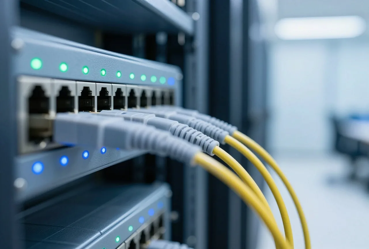 Glasfaserkabel stecken in einem Netzwerkswitch mit kleinen grünen und blauen Lämpchen