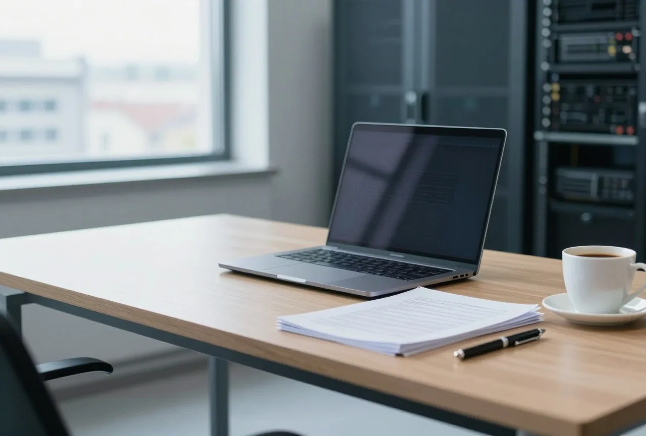 Schreibtisch mit zugeklapptem Laptop, umgedrehtem Vertrag, Stift und Kaffeetasse im Tageslicht