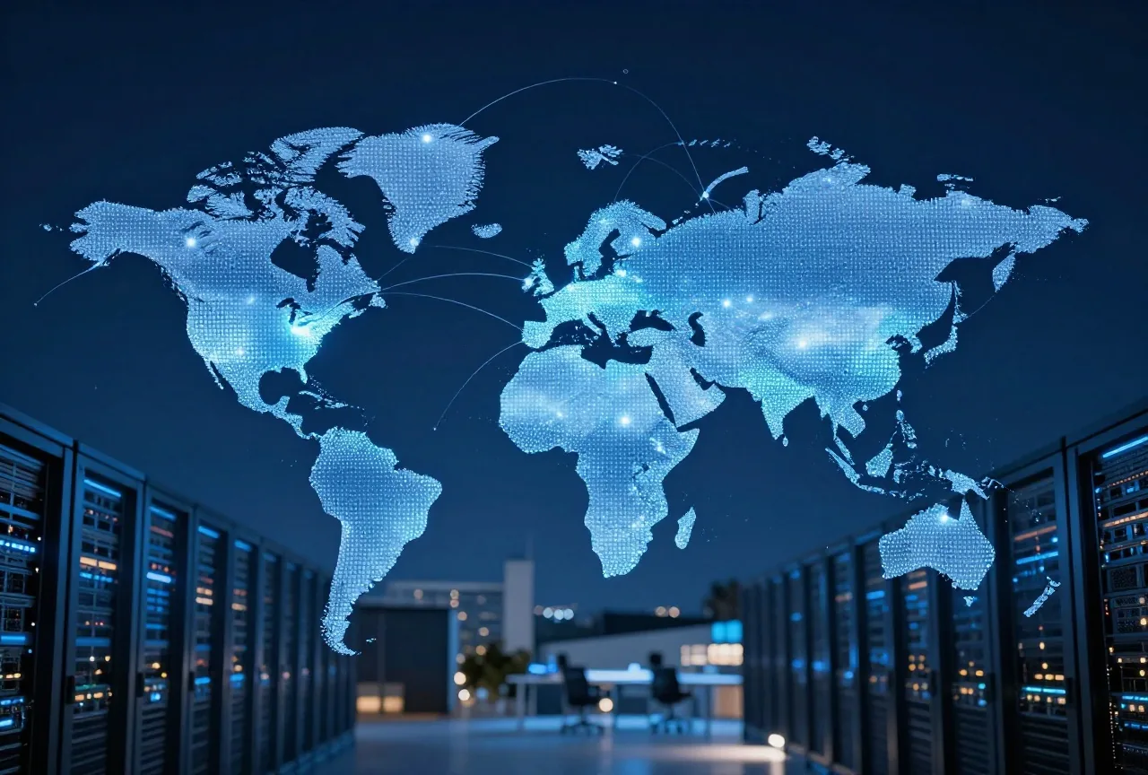 Stilisierte Weltkarte bei Nacht mit leuchtenden Punkten, die durch Lichtbögen verbunden sind
