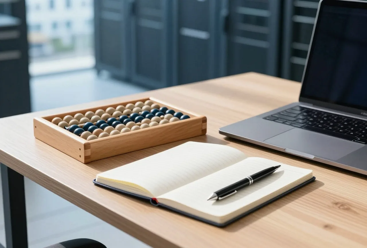 Taschenrechner, leeres Notizbuch und Stift neben einem zugeklappten Laptop auf einem Holztisch