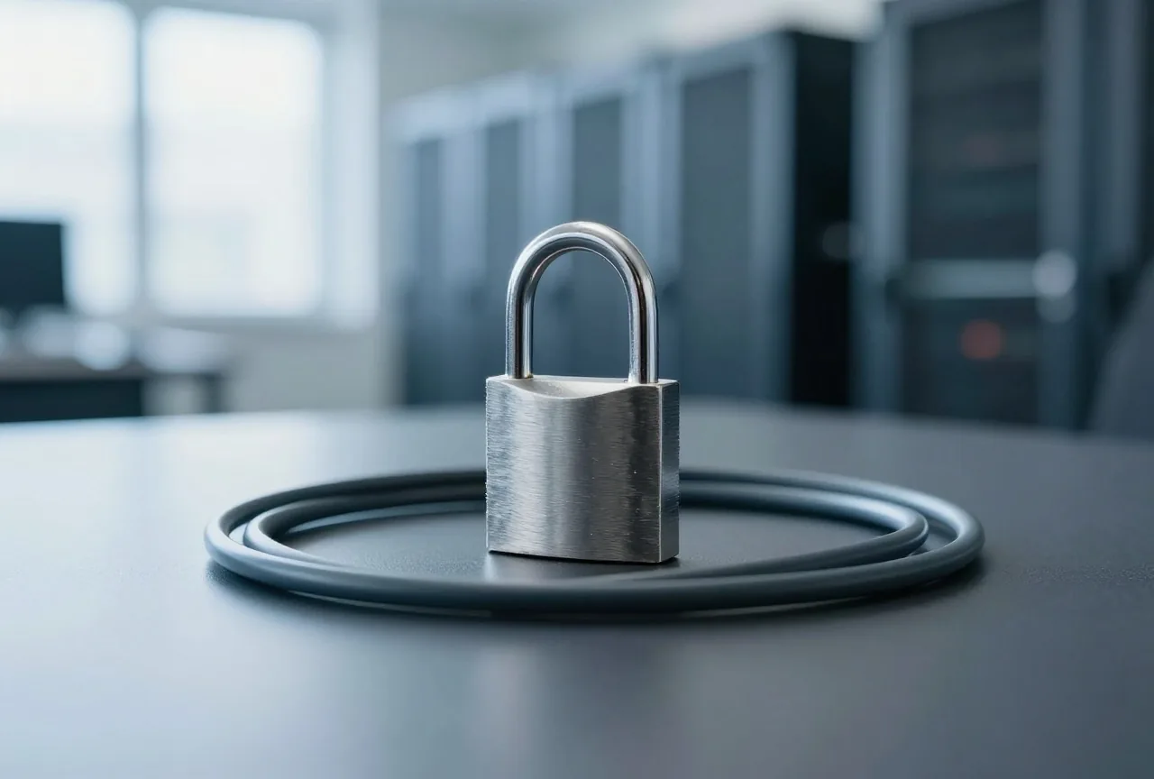 Metallenes Vorhängeschloss liegt auf einem aufgerollten Netzwerkkabel auf dunklem Untergrund