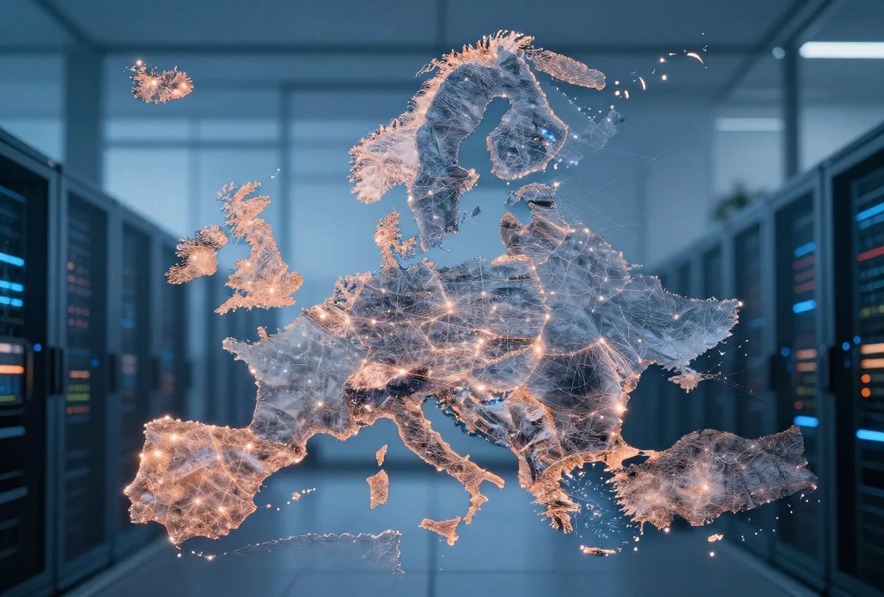 Stilisierte Karte von Europa in der Dämmerung mit leuchtenden Punkten, die durch Lichtlinien verbunden sind