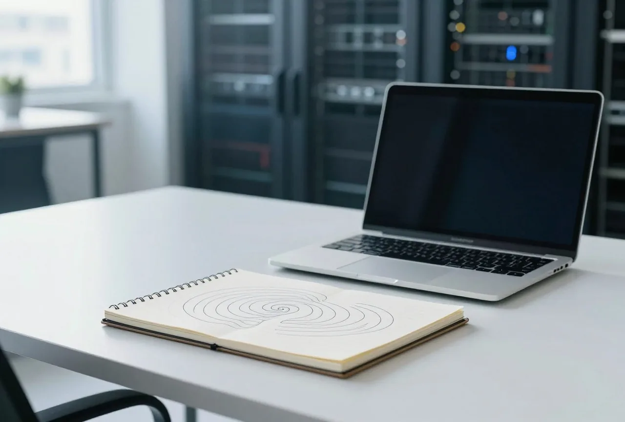 Schreibtisch mit Laptop von hinten und Skizzenbuch mit abstrakten geschwungenen Formen im Tageslicht