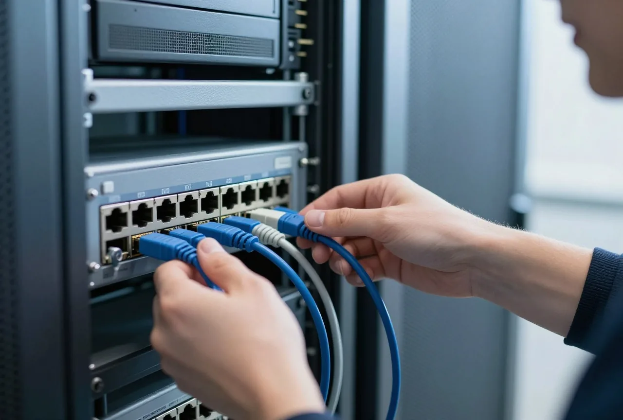 Hände stecken ein Patchkabel in einen Netzwerkswitch, im Hintergrund unscharf weitere Kabel