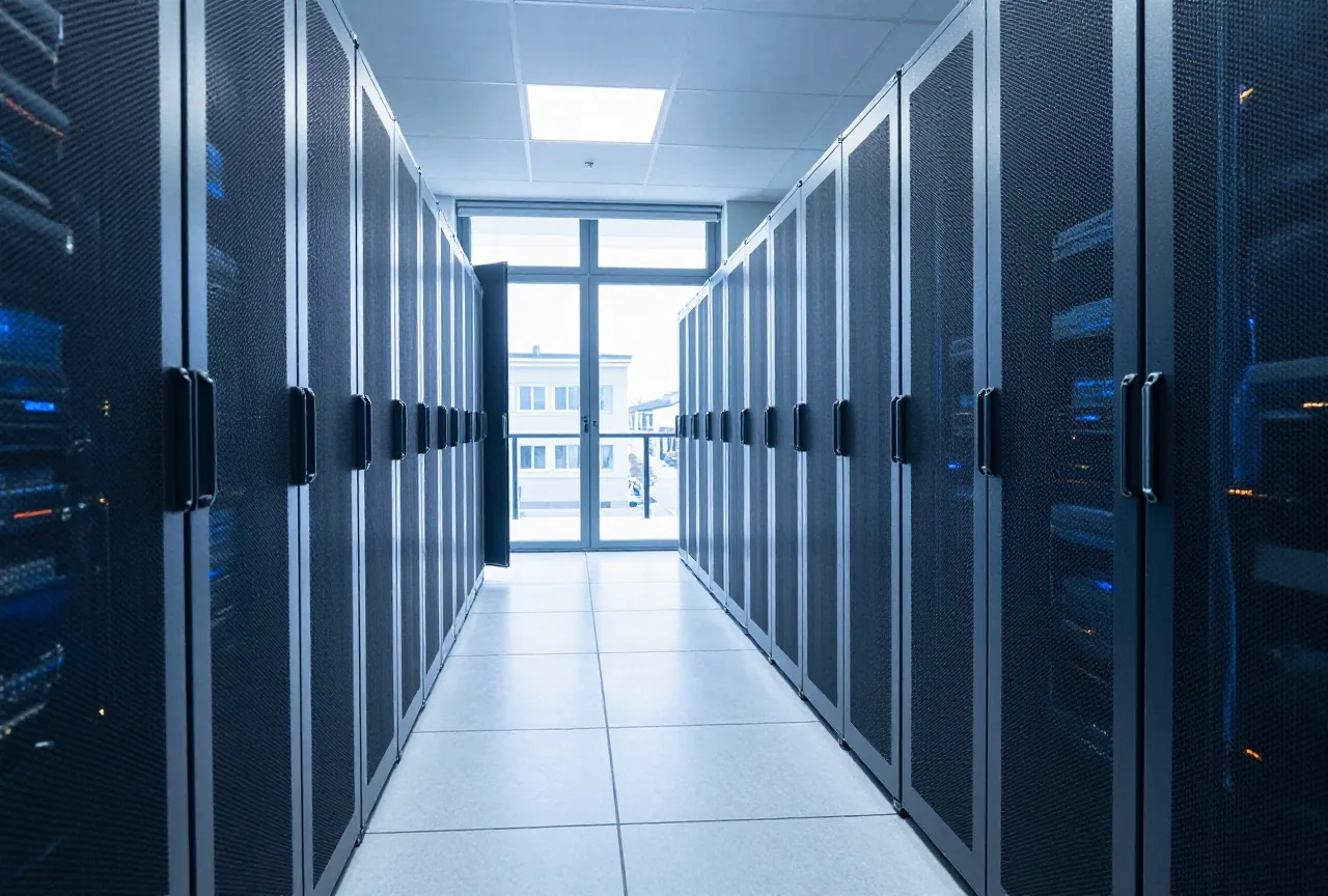 Ruhiger Gang in einem Rechenzentrum mit Serverracks auf beiden Seiten und kühlem Licht