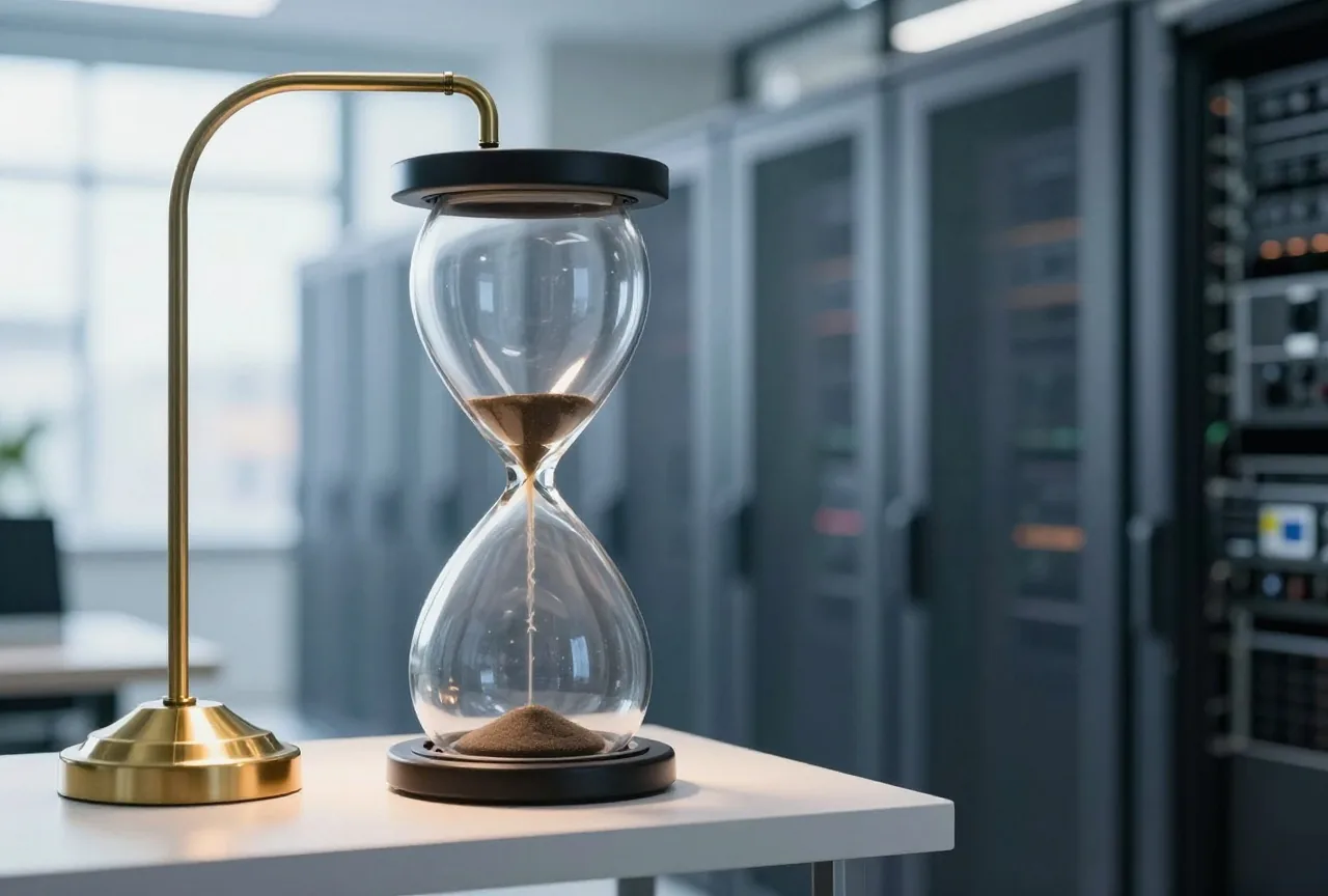 Unbeschriebener Wandkalender neben einer Sanduhr auf einem Regal im warmen Nachmittagslicht