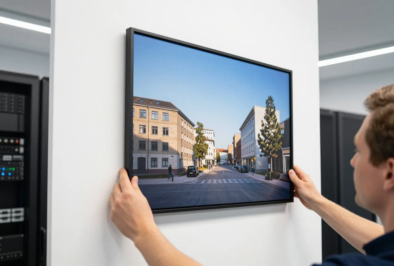 Zwei Hände hängen ein großes gerahmtes Landschaftsfoto an eine weiße Galeriewand