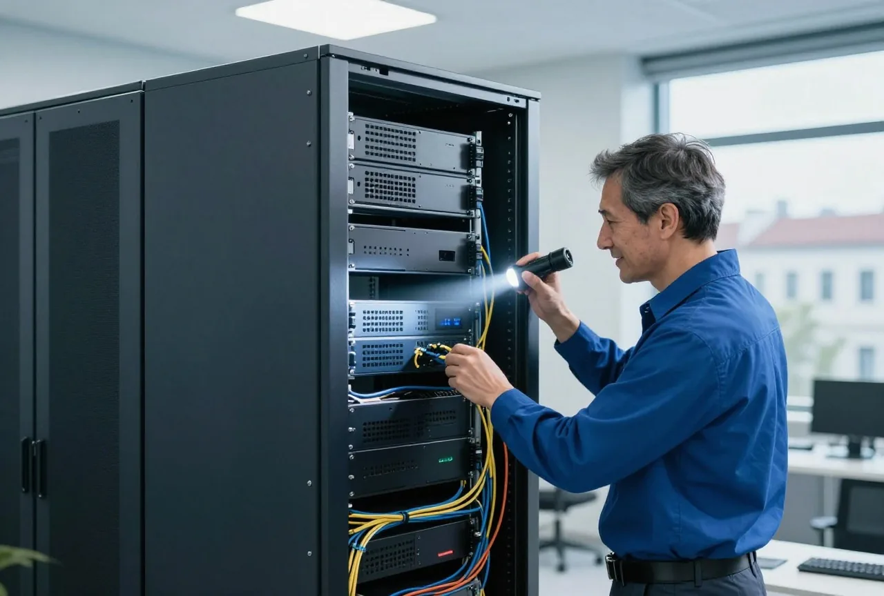 Techniker um die vierzig prüft mit einer Taschenlampe die Kabel an einem einzelnen Serverrack