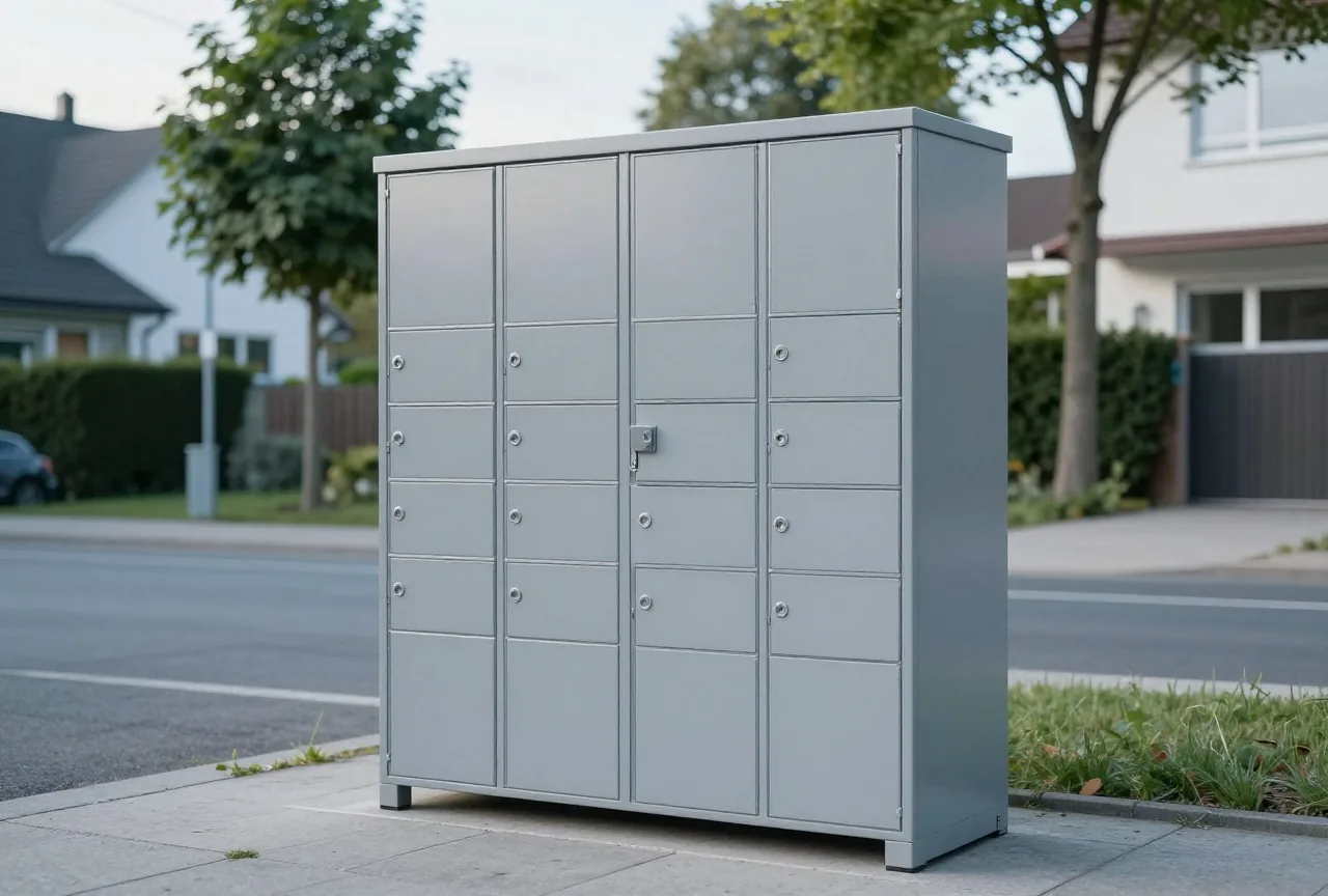 Grauer Paketschrank an einer ruhigen Straßenecke in einem Wohnviertel bei Tageslicht