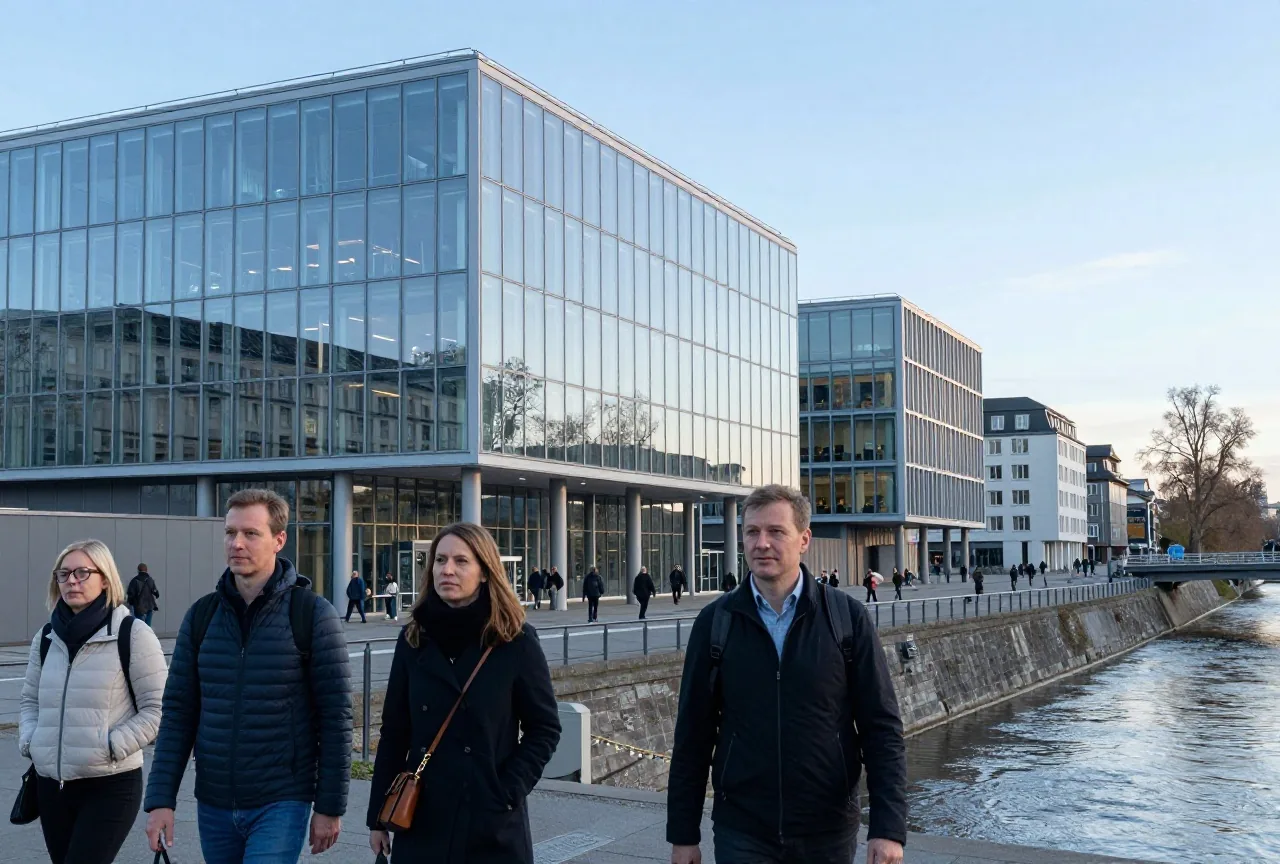 Modernes Bürogebäude aus Glas an einem Fluss in einer mitteleuropäischen Kleinstadt am Nachmittag