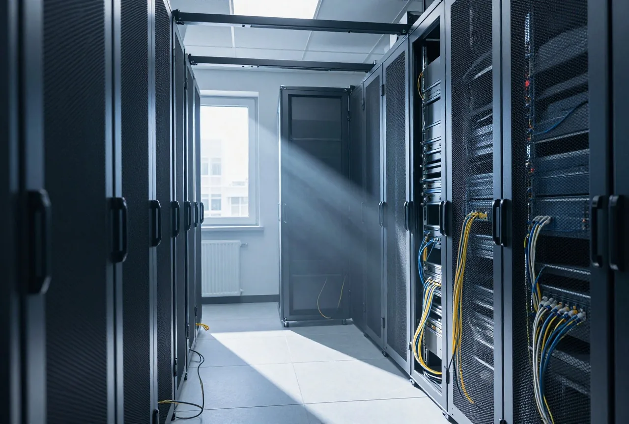 Leerer, schwach beleuchteter Serverraum mit offenen Racks und losen Kabeln im Lichtstrahl
