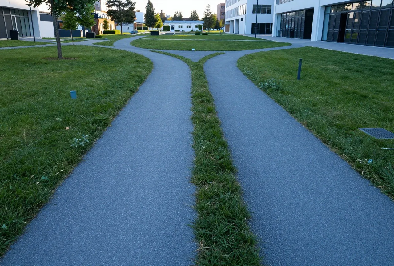 Zwei Wege in einem Park, die sich an einer Stelle trennen, ein breiter und ein schmaler, von oben gesehen