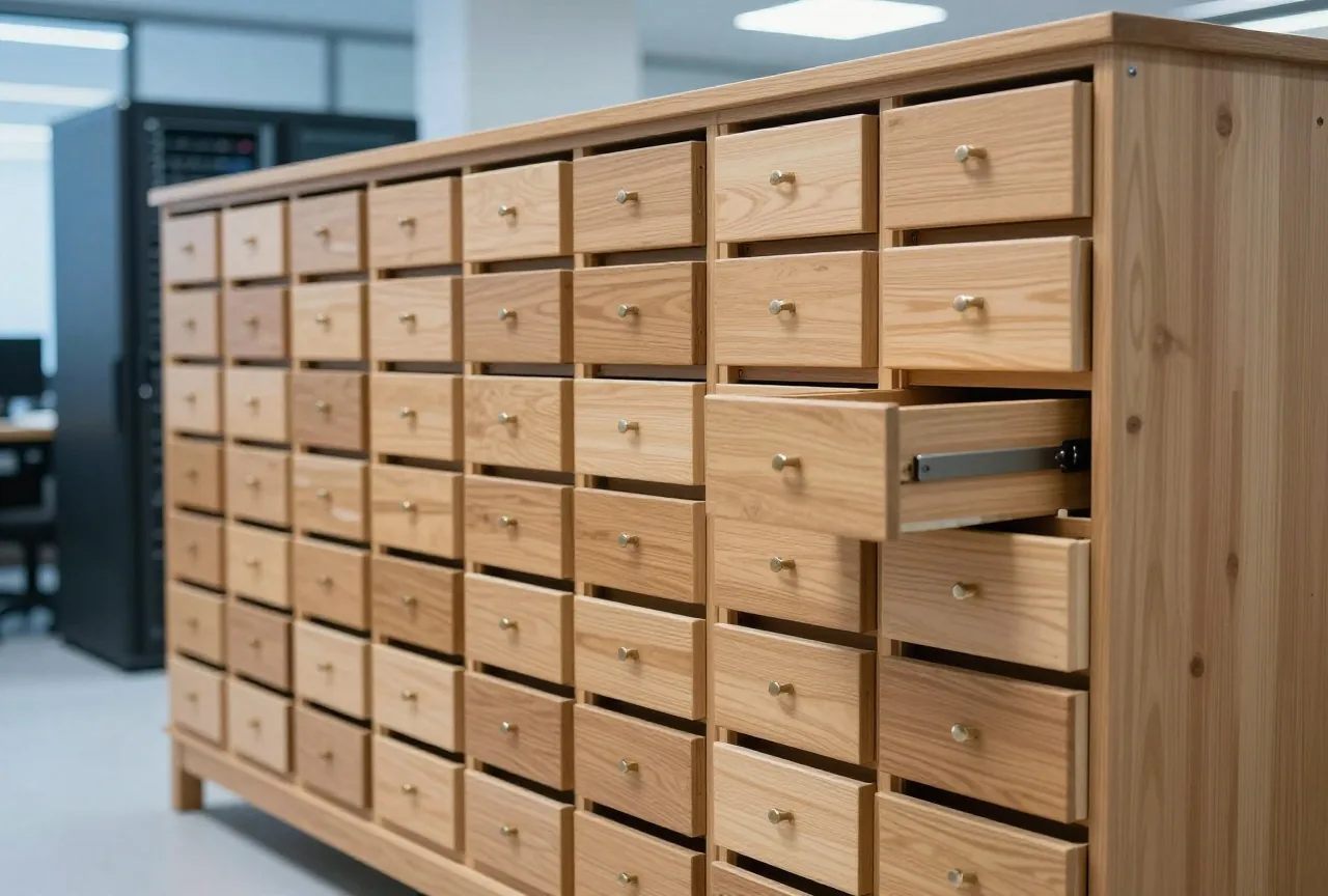 Holzschrank mit vielen kleinen Schubladen ohne Beschriftung, einige offen, einige geschlossen, im warmen Licht
