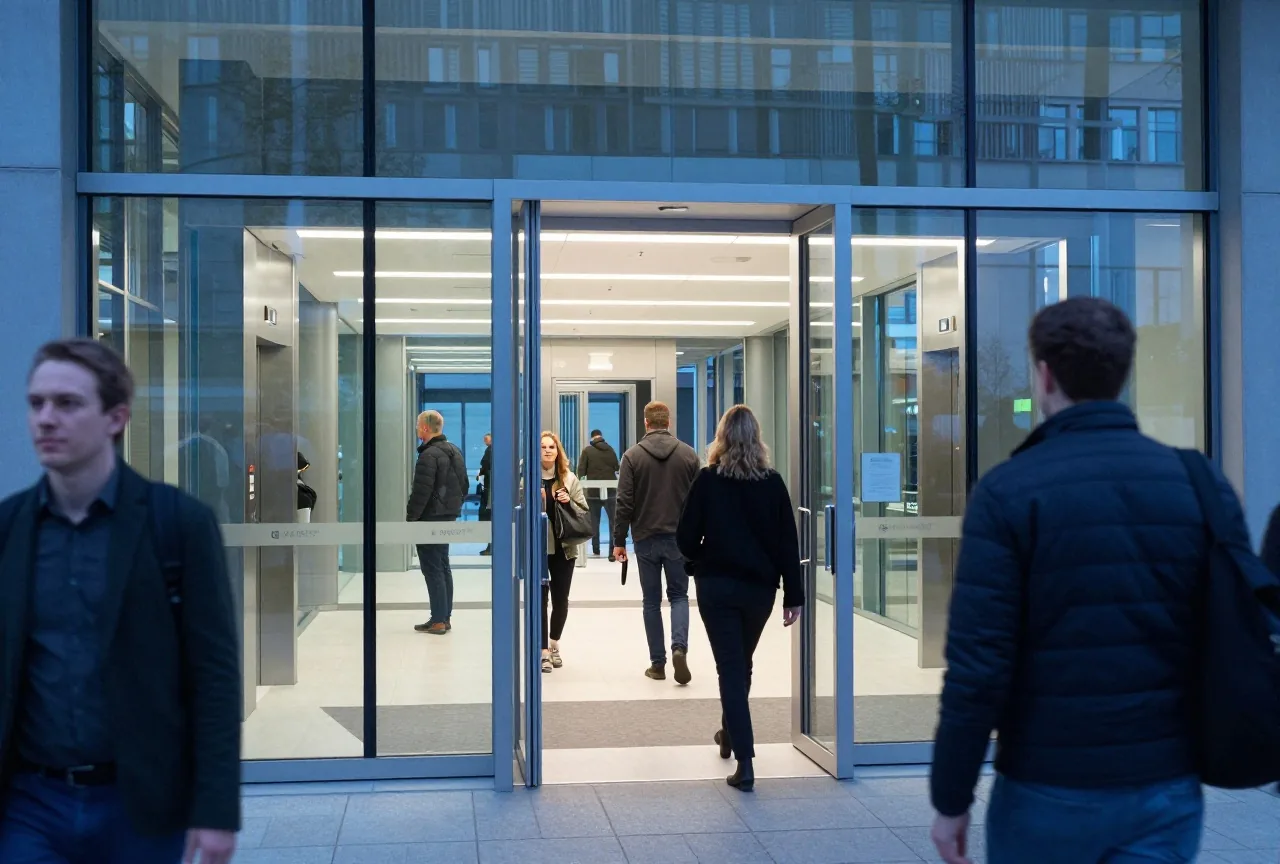 Glaswand mit Durchgang in einer modernen Eingangshalle, Bodenlichter führen zu mehreren Aufzügen