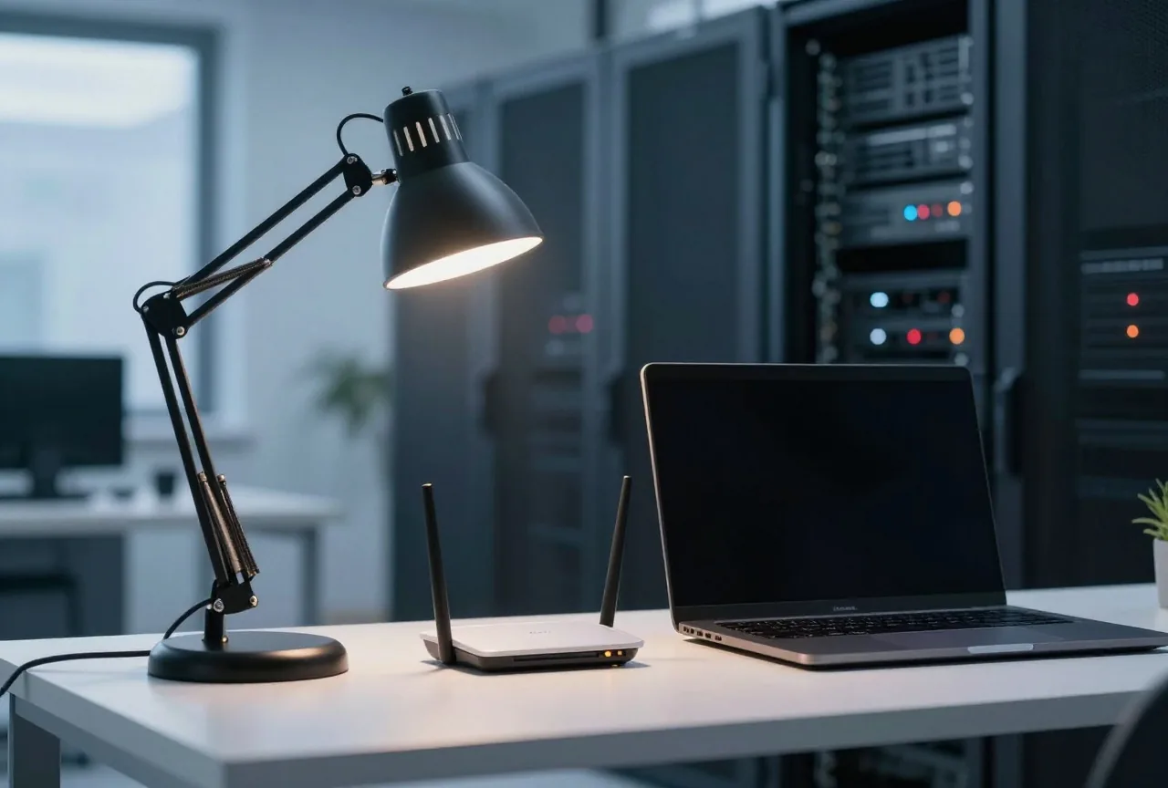 Dunkles Büro bei Nacht mit Schreibtischlampe und einem Router, dessen Statuslampen aus sind