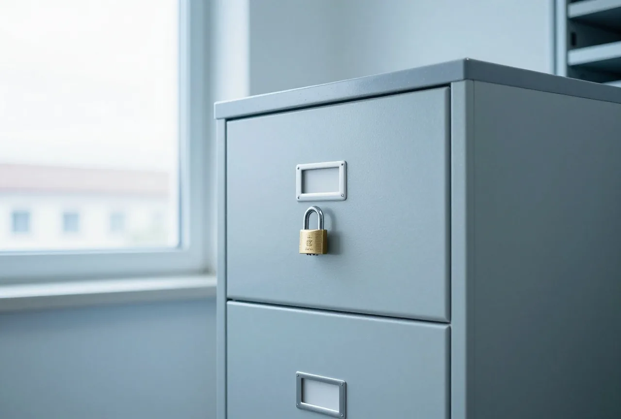 Geschlossener Aktenschrank aus Metall mit kleinem Vorhängeschloss in einem ruhigen Archivraum