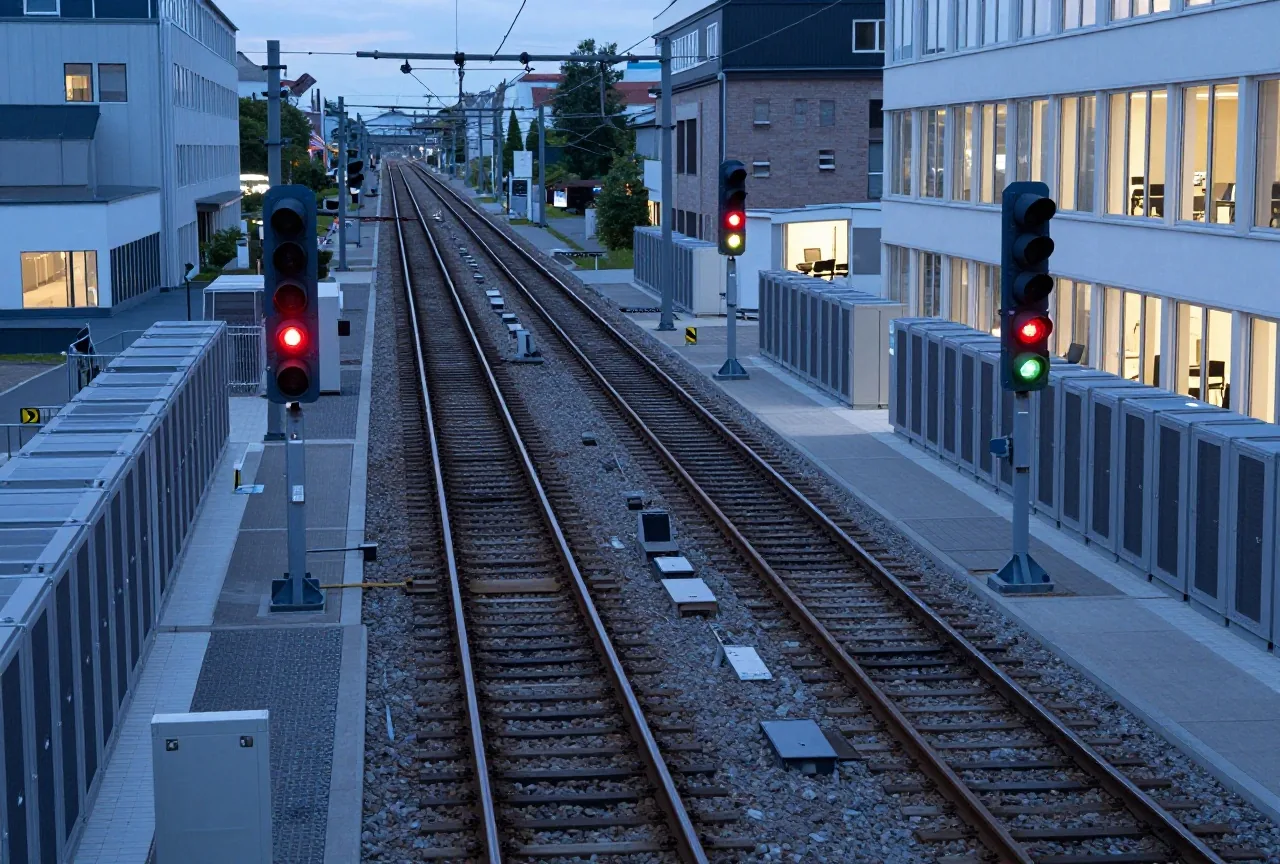 Weichenfeld eines Bahnhofs in der Dämmerung von oben, mehrere Gleise teilen sich, Signallampen leuchten