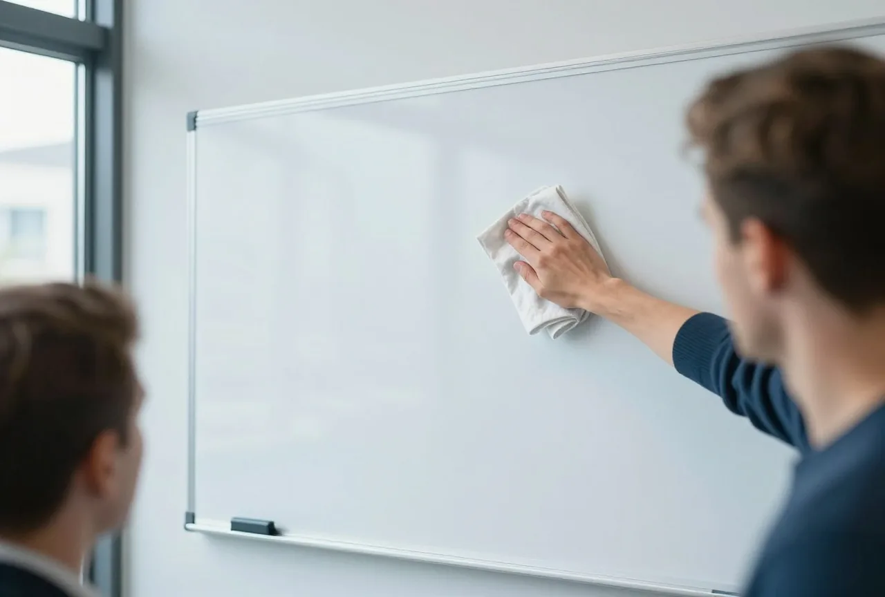 Hand wischt mit einem Tuch über ein leeres Whiteboard in einem hellen Besprechungsraum