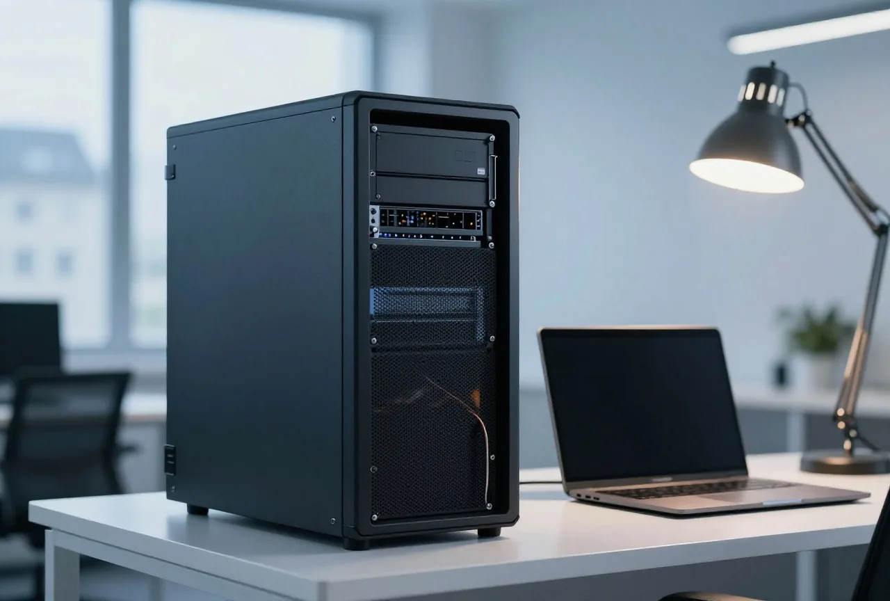 Einzelner Tower-Server auf einem Schreibtisch im Abendlicht, daneben ein zugeklappter Laptop
