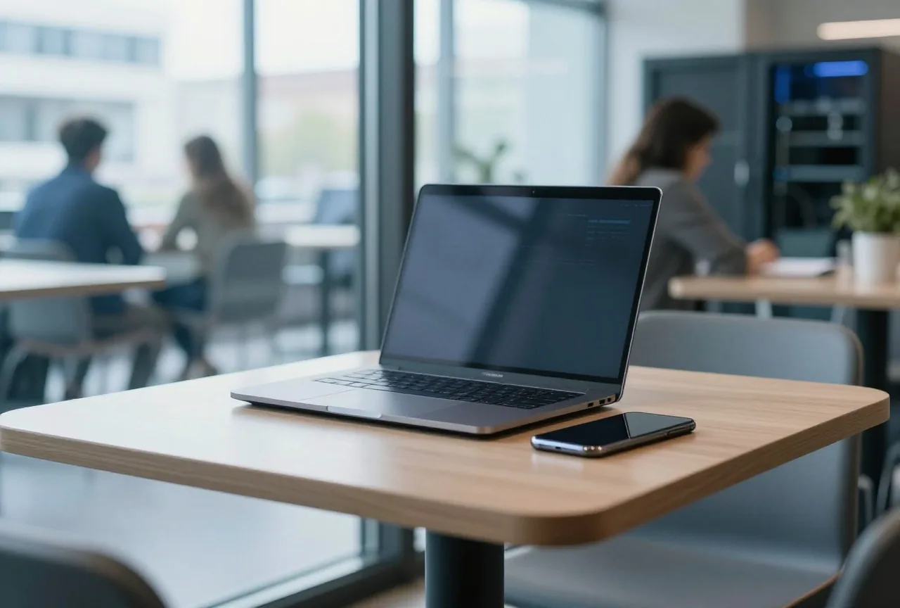 Cafétisch am Fenster mit zugeklapptem Laptop und umgedrehtem Smartphone, im Hintergrund unscharfe Gäste
