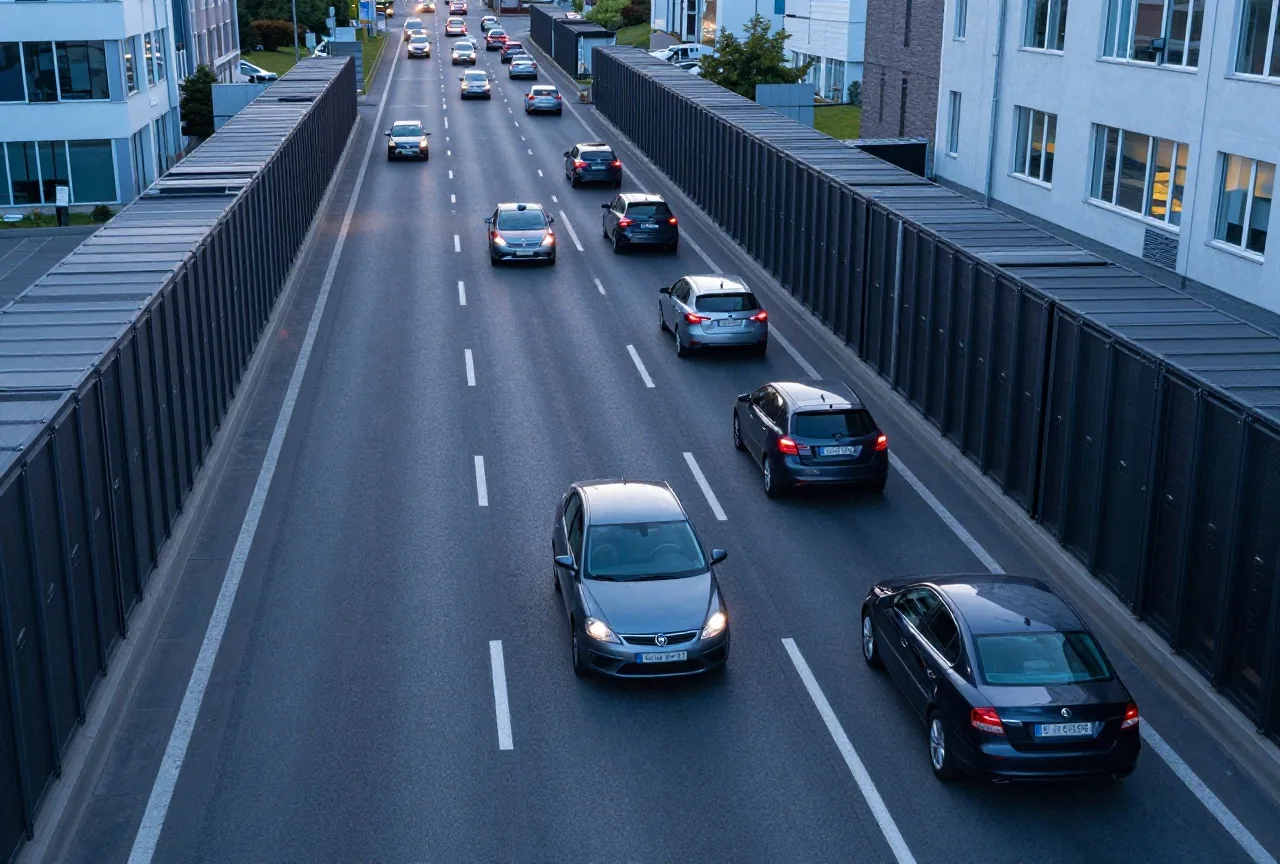 Mehrspurige Autobahn in der Abenddämmerung von oben, ein graues Auto zwischen vielen gleichen