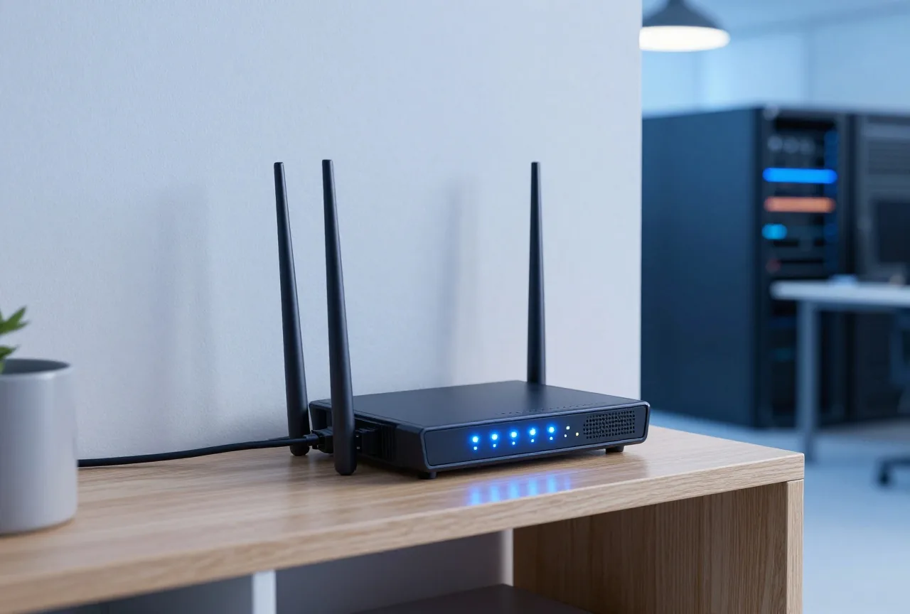 Heimrouter mit leuchtenden Statuslampen auf einem Holzregal im Wohnzimmer bei Lampenlicht