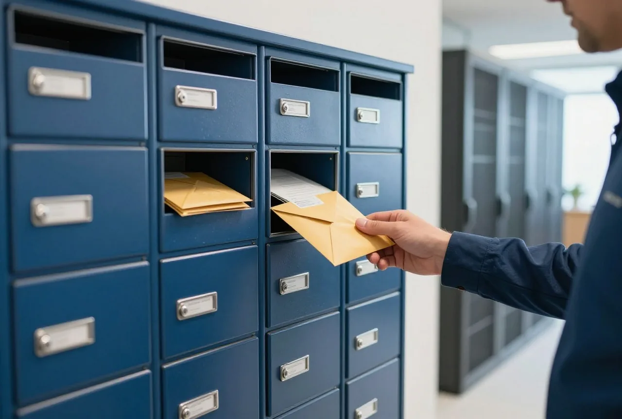 Hausflur mit Briefkästen, in einen wird ein neuer Umschlag gelegt, in den anderen liegen ältere