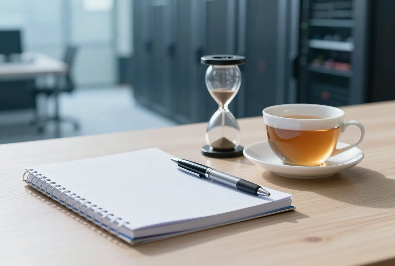 Tischkalender mit leeren Seiten neben Stift und Teetasse auf einem Holzschreibtisch im Morgenlicht
