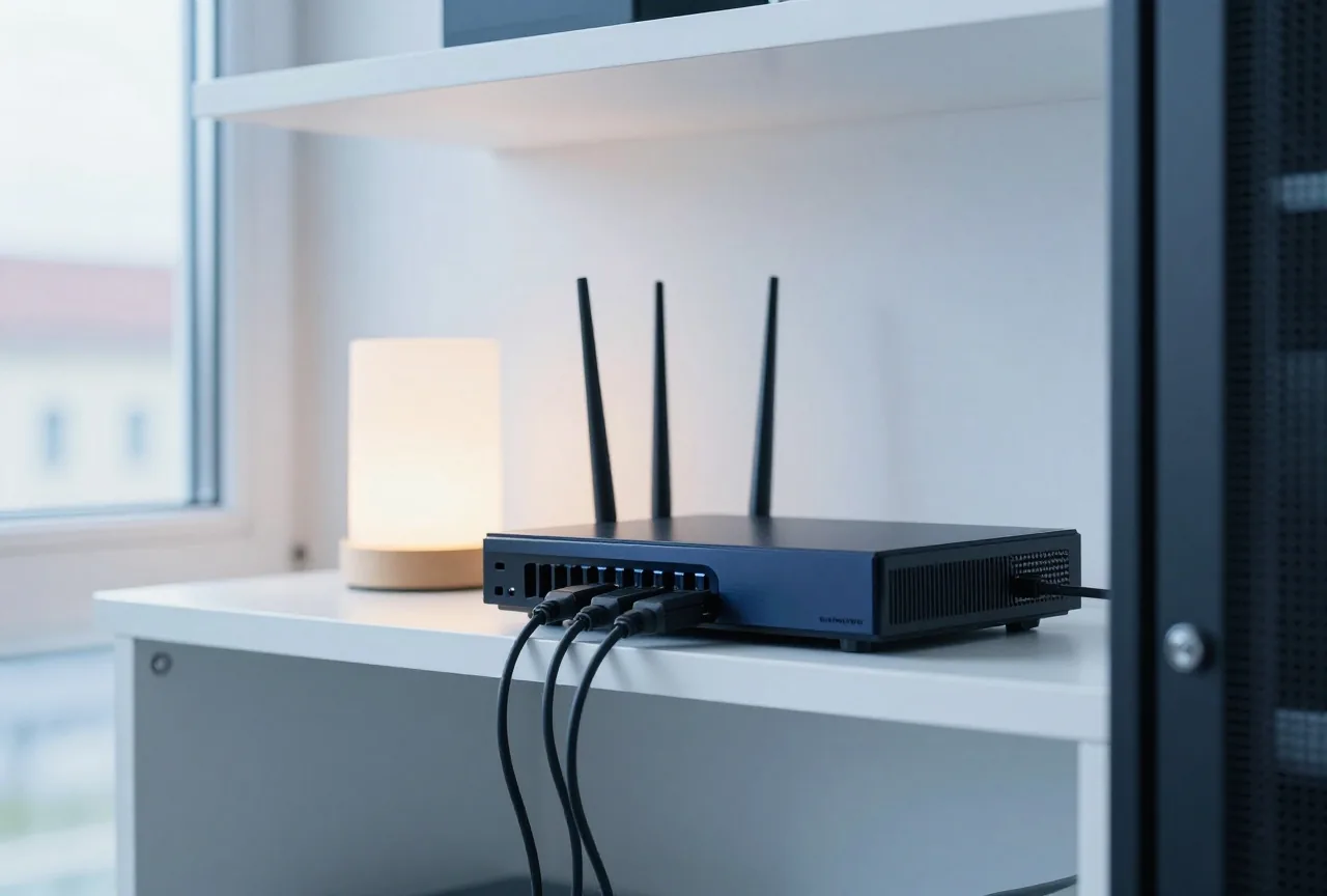 Wohnzimmerregal mit Router und Kabeln zu ausgeschaltetem Fernseher und Spielkonsole im Lampenlicht