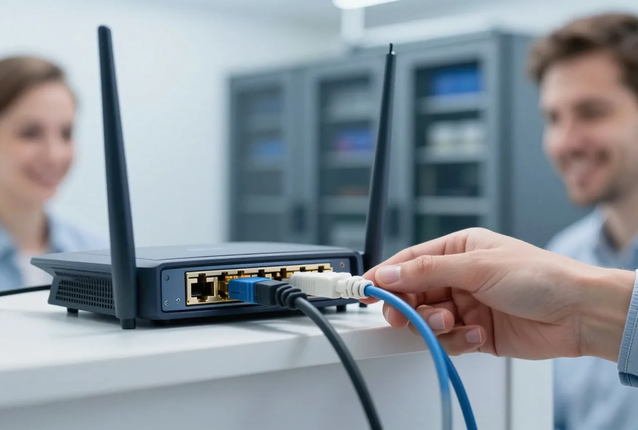 Rückseite eines Heimrouters mit eingesteckten Netzwerkkabeln, eine Hand steckt ein weiteres Kabel ein
