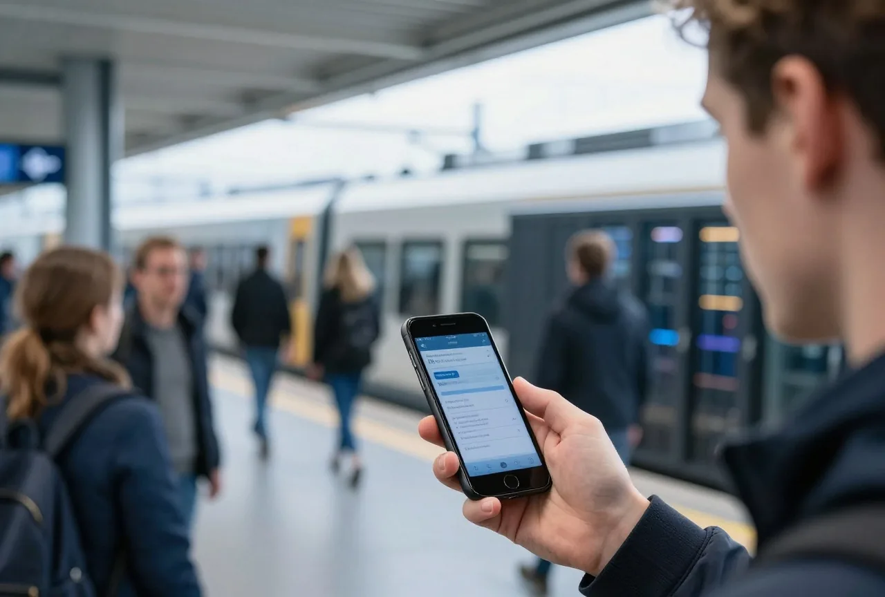 Smartphone von hinten in einer Hand auf einem Bahnsteig, im Hintergrund unscharf ein Pendlerzug