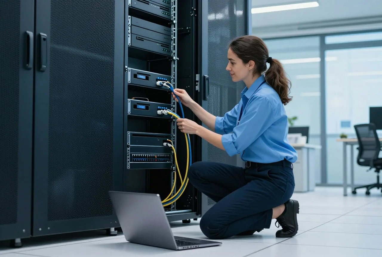 Eine Technikerin kniet am offenen Serverschrank und hält ein gelöstes Kabel, daneben ein Laptop von hinten