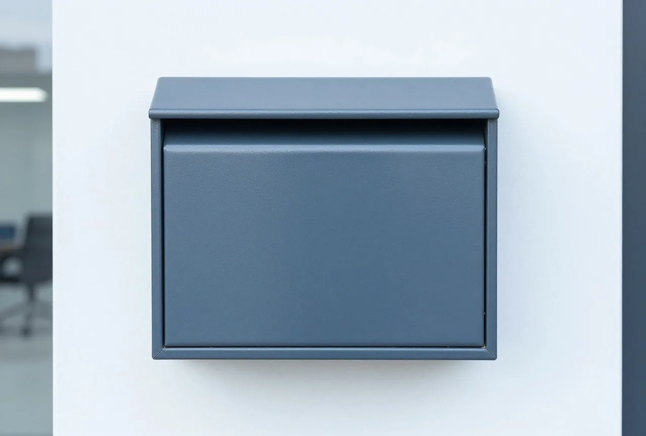 Ein einzelner leerer Metallbriefkasten mit verschlossener Klappe an einer weißen Wand bei Tageslicht