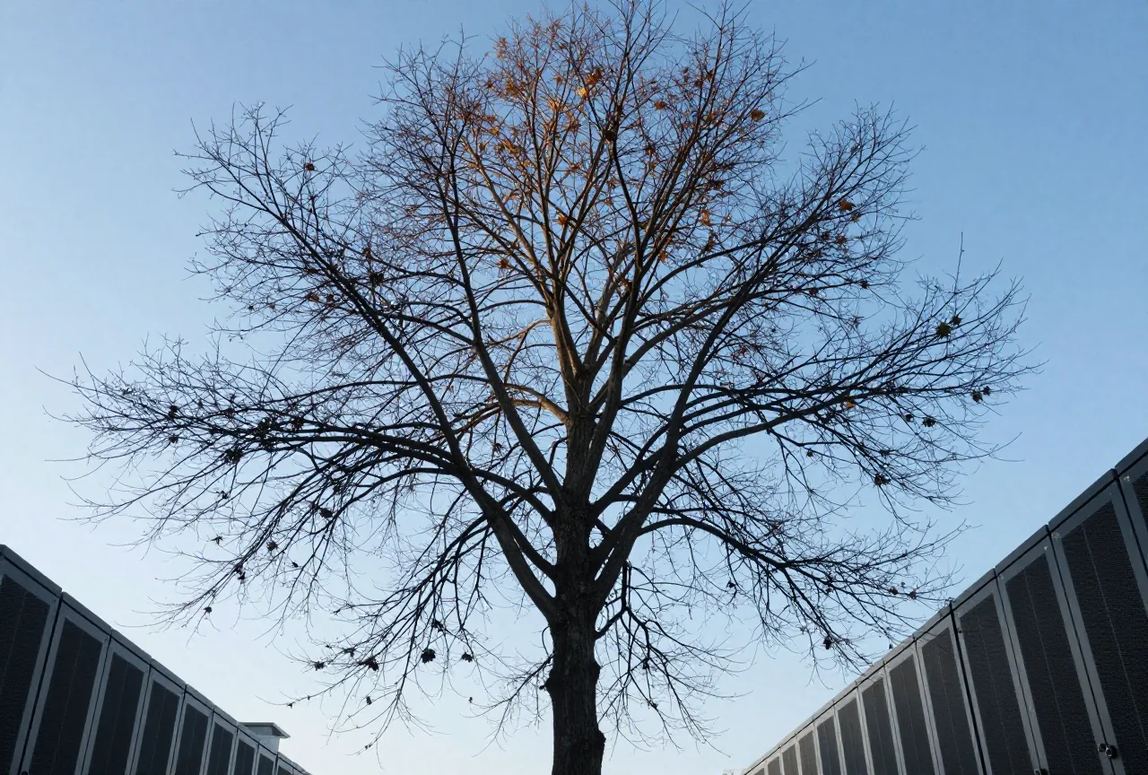 Ein großer Baum von unten gesehen, seine Äste verzweigen sich vor blauem Himmel in immer kleinere Zweige