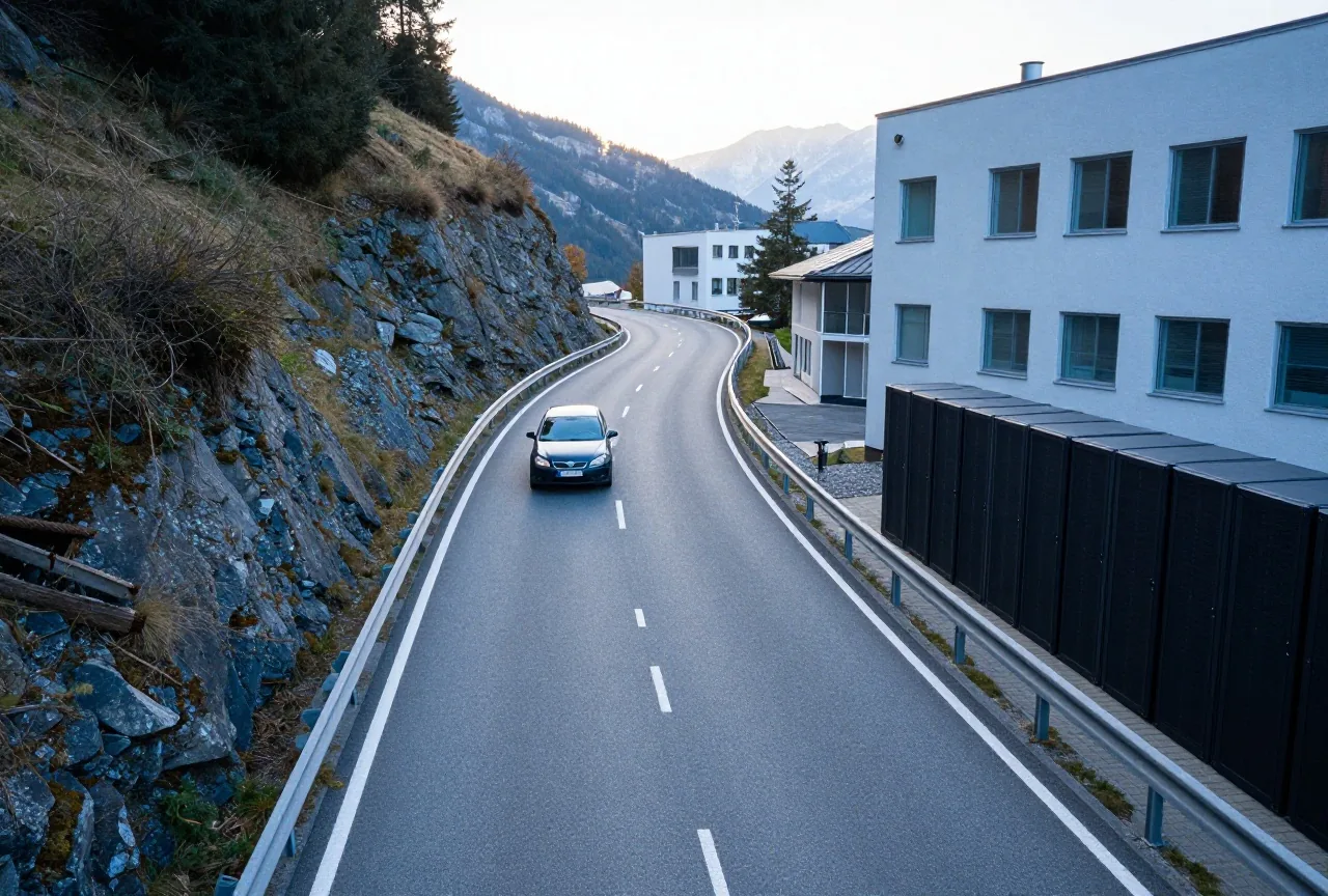 Eine kurvige Bergstraße von oben, ein Auto fährt dieselbe Strecke wieder hinunter, Nachmittagssonne