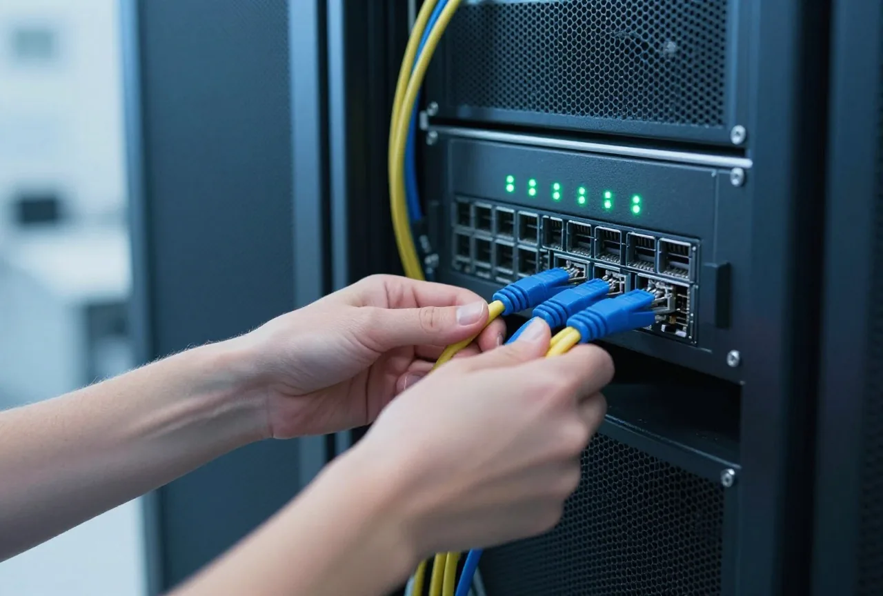 Nahaufnahme von Händen, die ein Netzwerkkabel in einen Server im Rack stecken, grüne Statuslampen