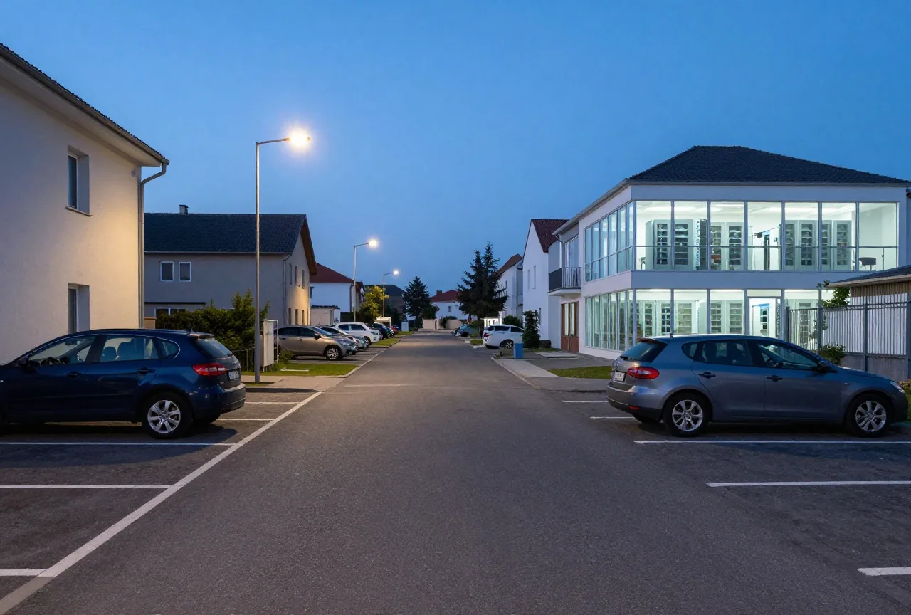 Eine leere Parklücke zwischen zwei Autos in einer ruhigen Wohnstraße in der Abenddämmerung