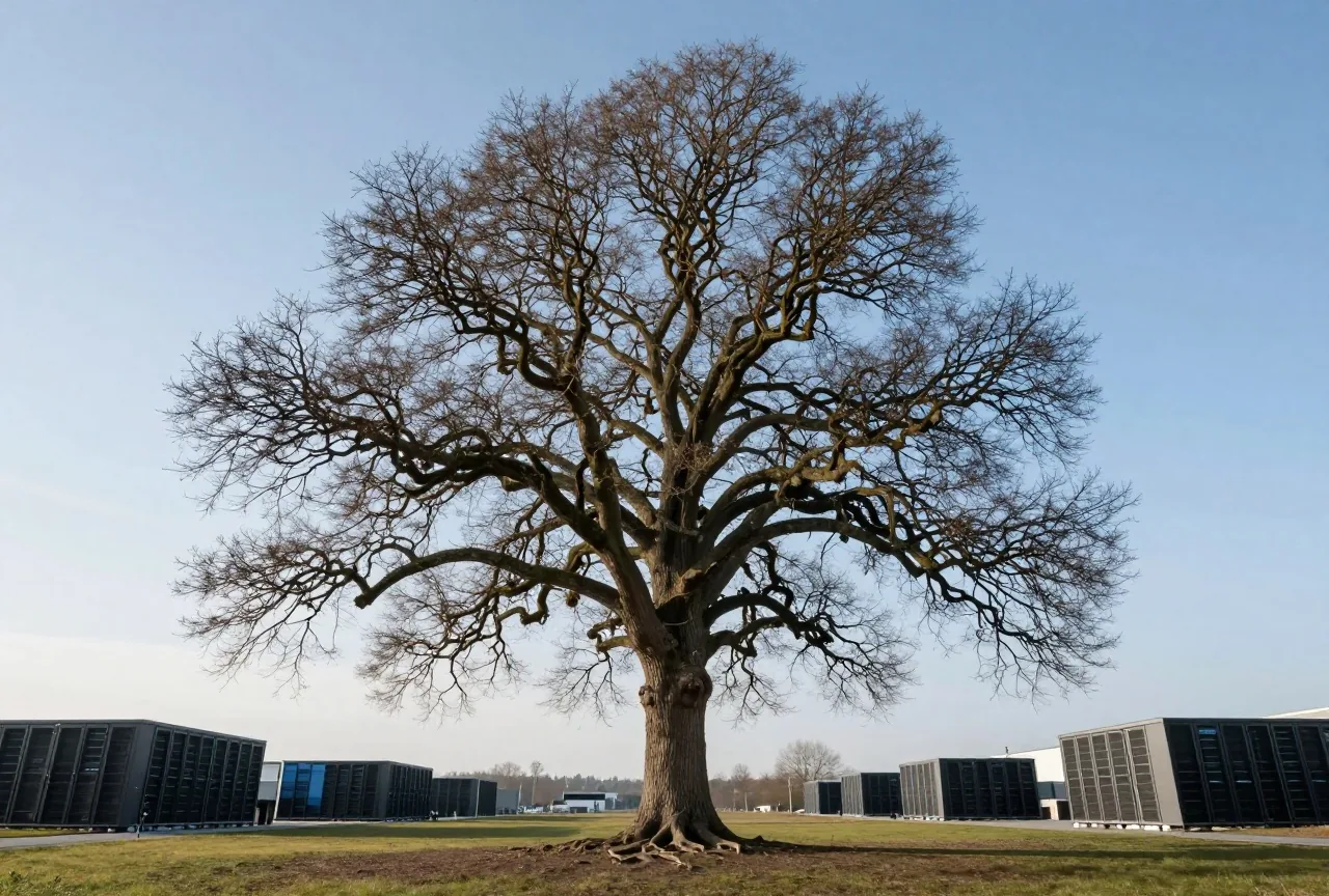 Große Eiche auf einer Wiese von unten gesehen, die Äste verzweigen sich in viele kleine Zweige