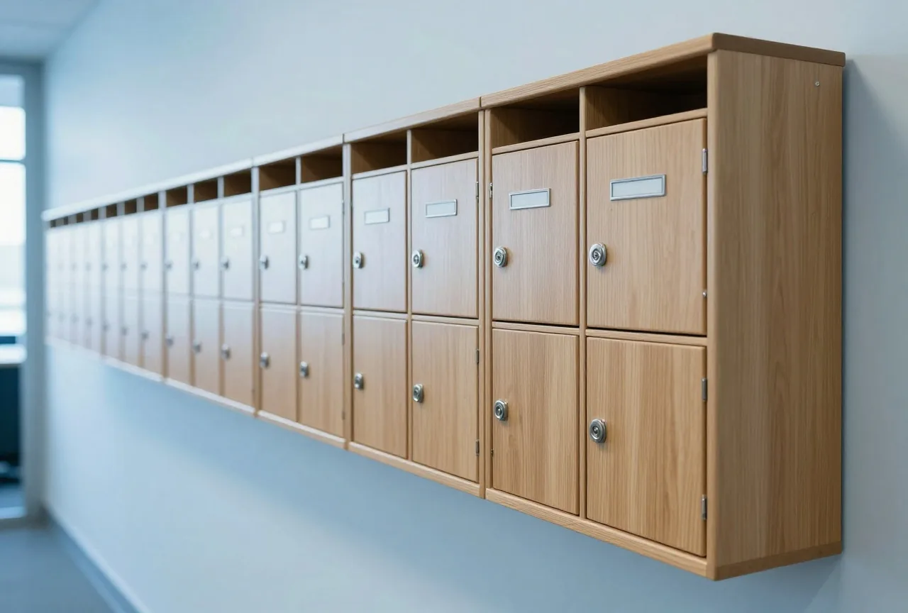 Lange Reihe gleicher leerer Holzbriefkästen an einer Wand, am Ende ein größerer Kasten