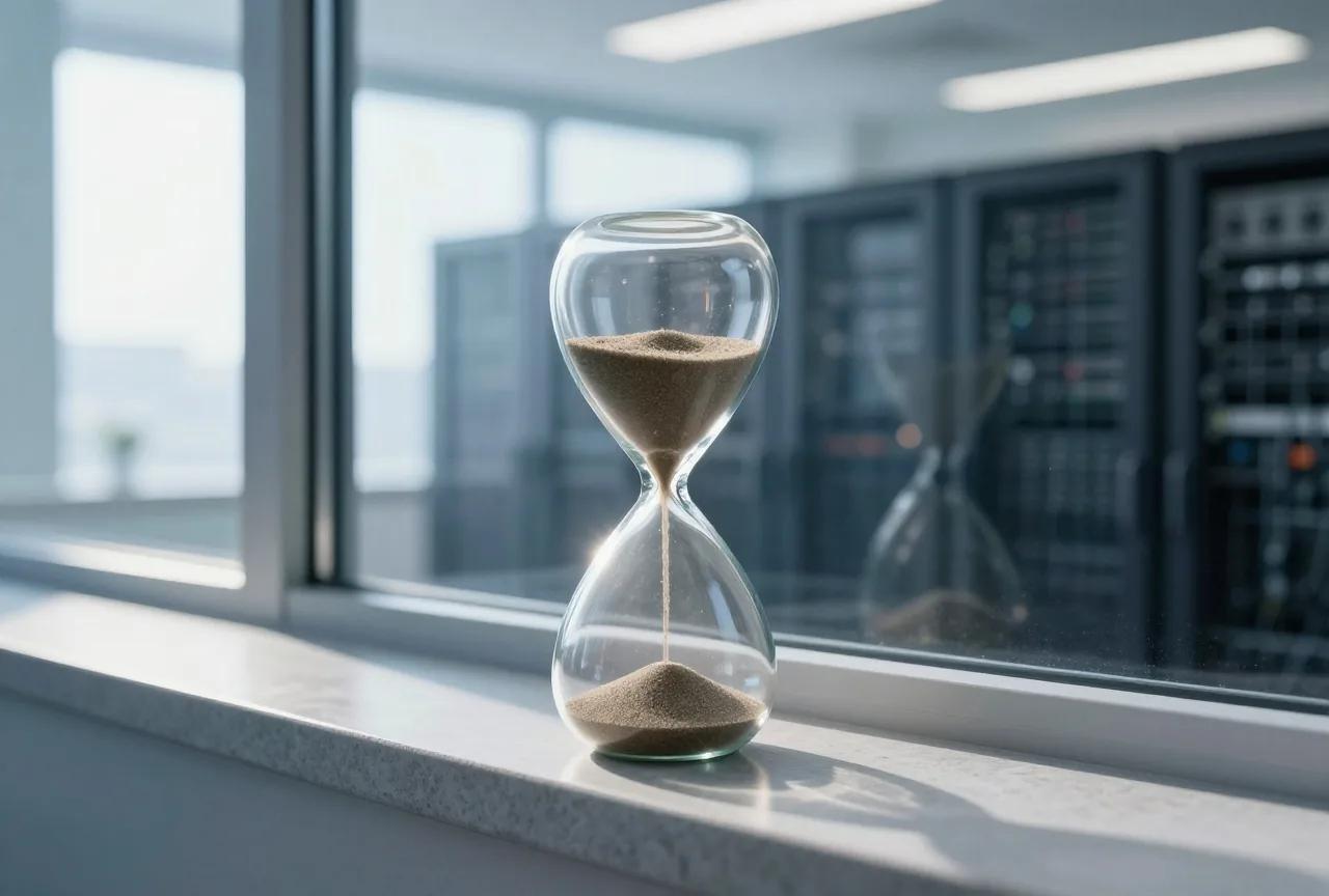 Sanduhr, in der fast der ganze Sand durchgelaufen ist, auf einer steinernen Fensterbank