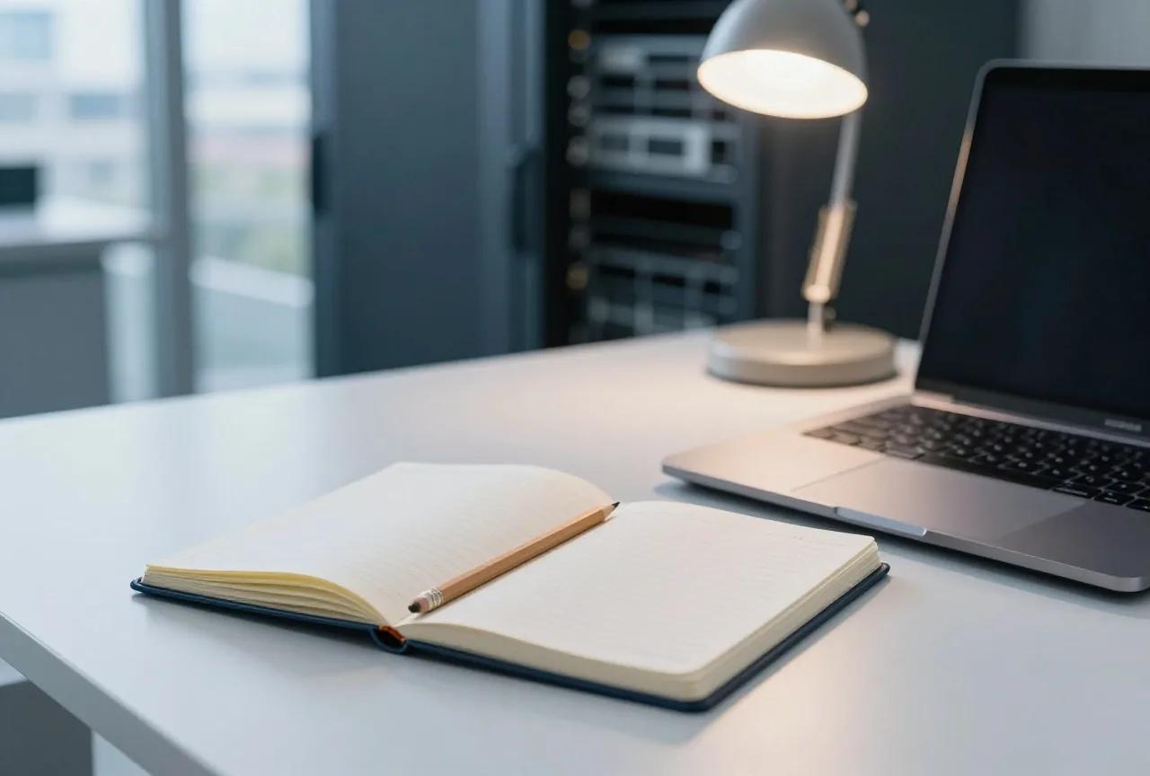 Aufgeschlagenes Notizbuch mit Bleistift neben einem zugeklappten Laptop auf einem aufgeräumten Schreibtisch