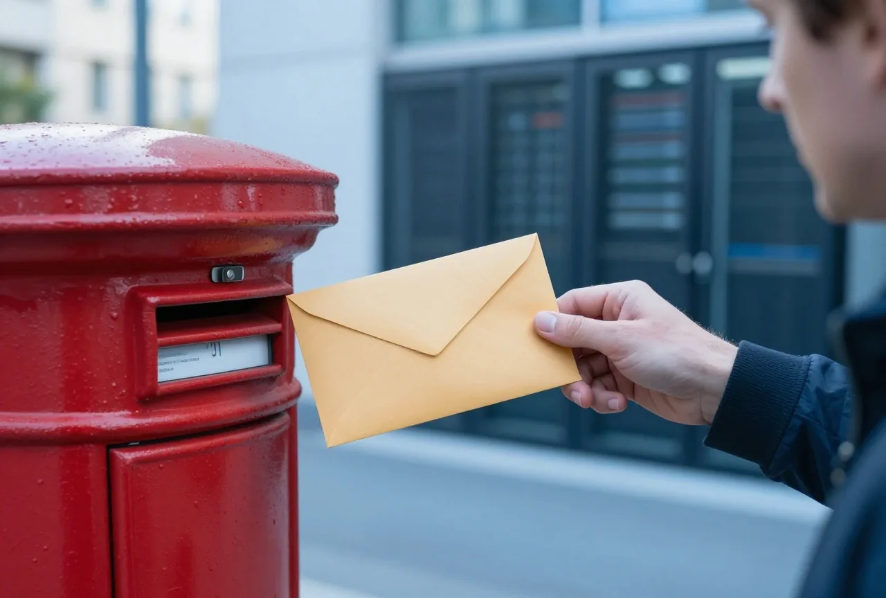 Hand wirft einen leeren Briefumschlag in einen roten Briefkasten an einer ruhigen Straßenecke