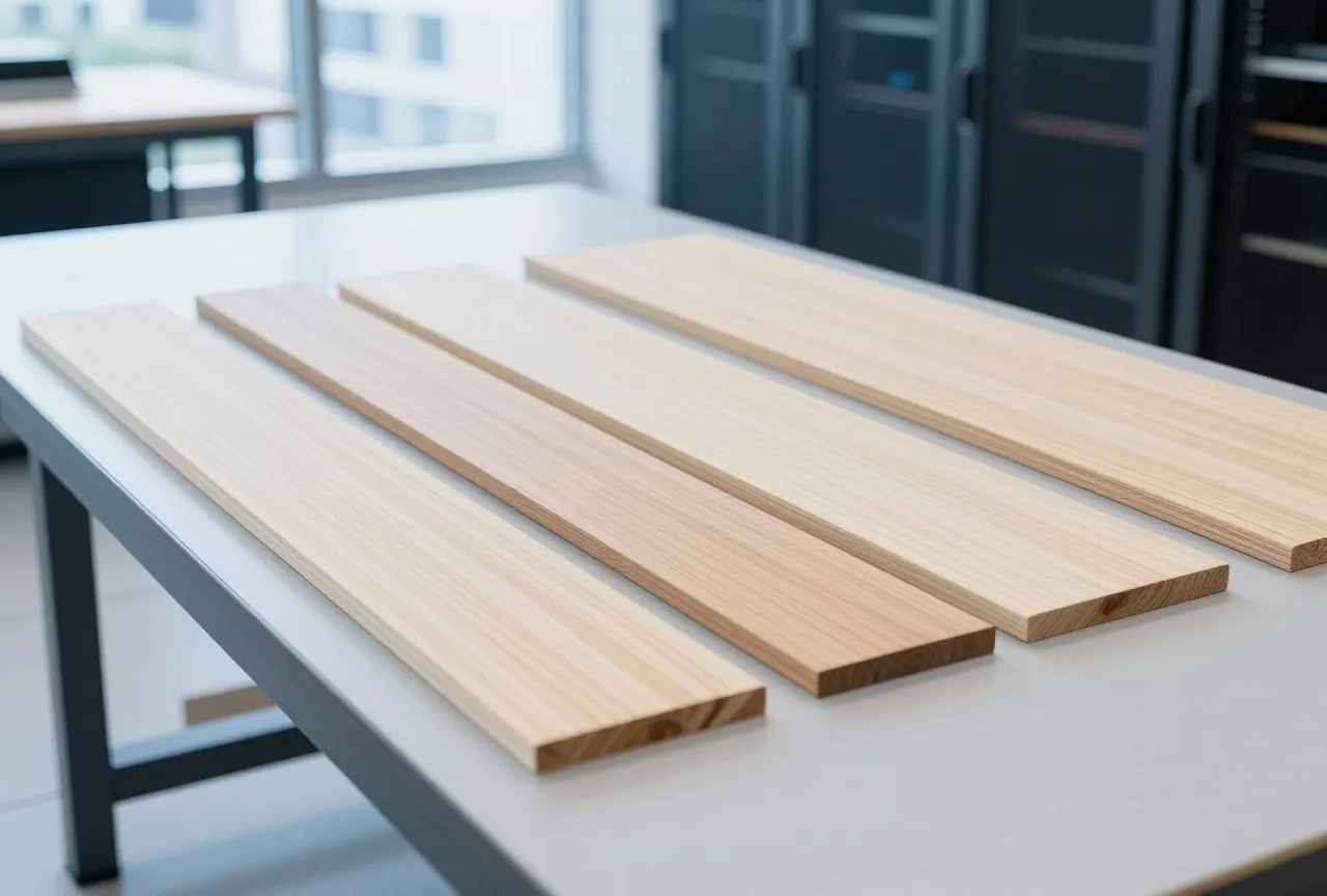 Werkbank eines Schreiners mit mehreren unbeschrifteten Holzschildern nebeneinander im Tageslicht