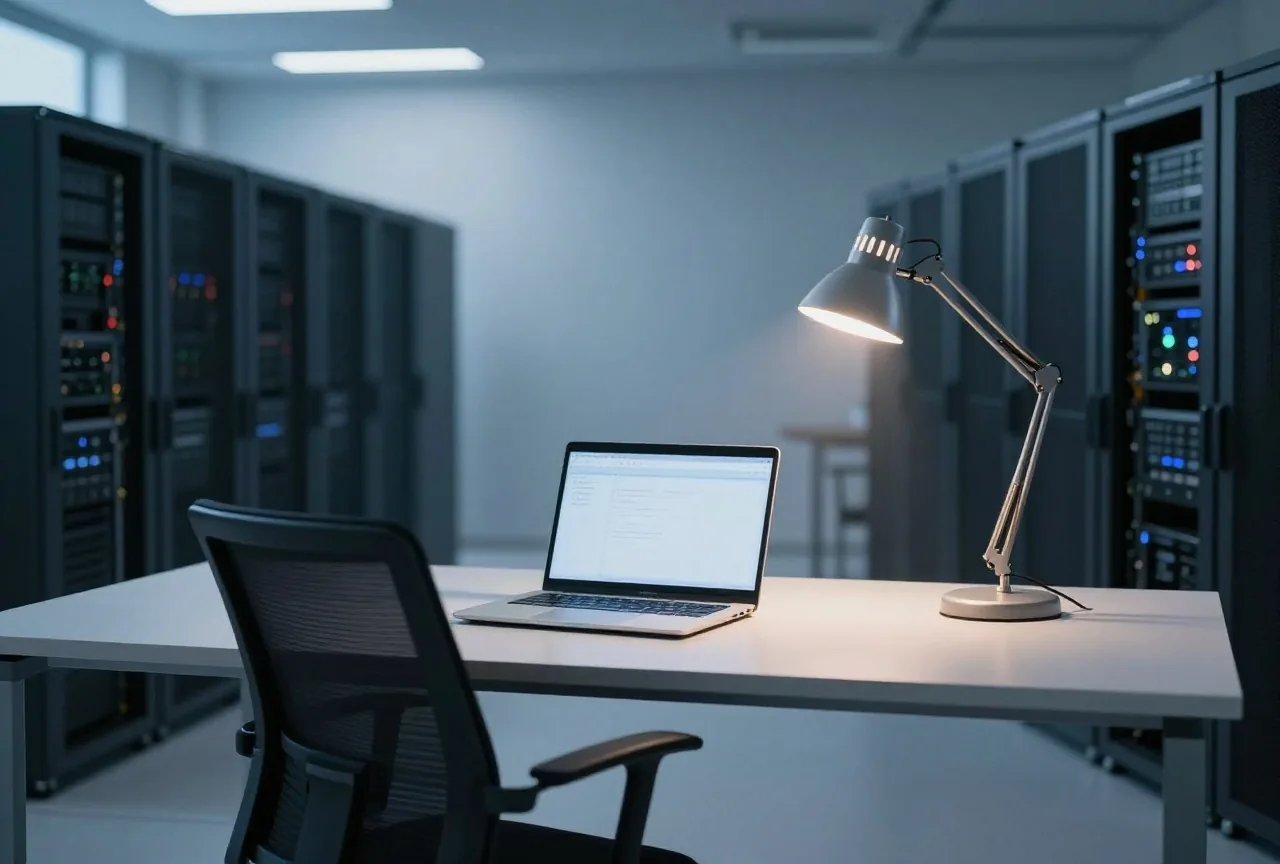 Ein dunkles Büro bei Nacht mit leerem Stuhl, ein halb zugeklappter Laptop von hinten und eine Schreibtischlampe