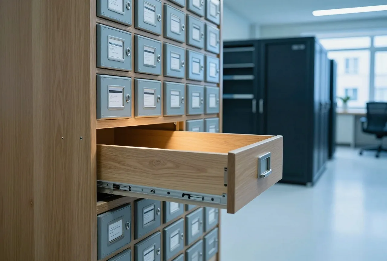 Ein alter hölzerner Karteischrank in einem ruhigen Archiv, eine Schublade ist herausgezogen