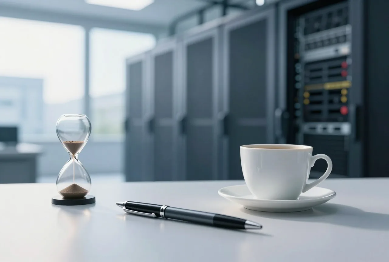Ein leerer Wandkalender und ein Stift auf einem Schreibtisch neben einer Kaffeetasse im Morgenlicht