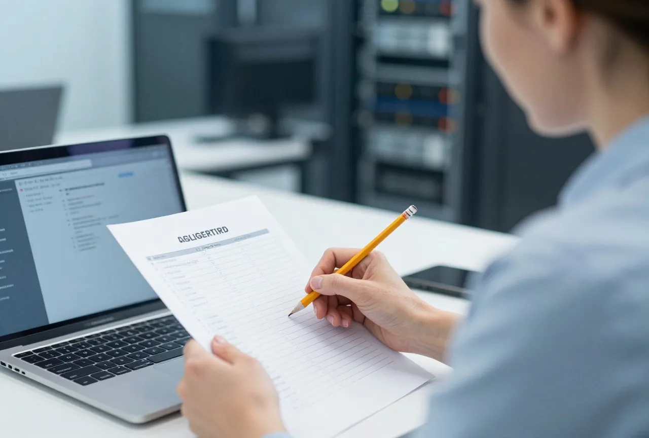 Eine Frau in den Fünfzigern hakt am Schreibtisch mit Bleistift eine leere Liste ab, daneben ein Laptop von hinten
