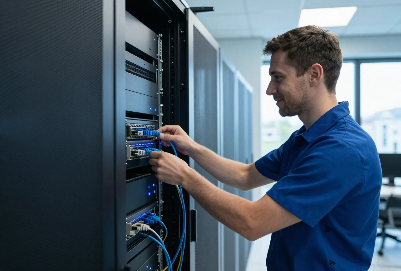 Ein Techniker in den Dreißigern steckt ein Netzwerkkabel in ein Serverrack in einem dunklen Serverraum