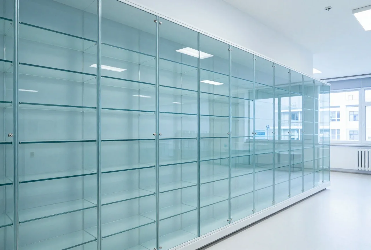 Eine lange gläserne Vitrine in einem Museumssaal mit Reihen kleiner leerer Fächer in hellem Licht
